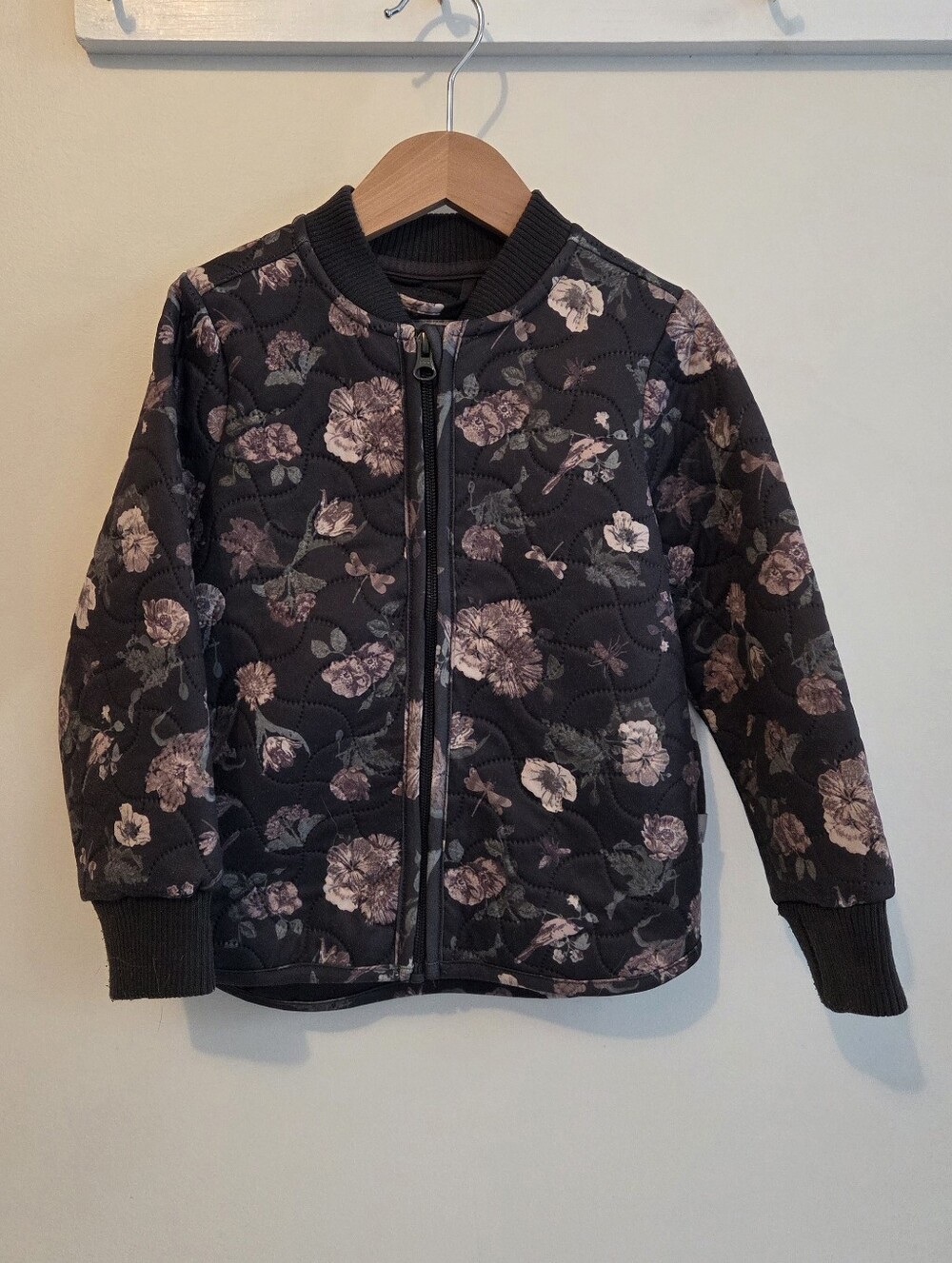 Wheat Floral Quilted Puffer Jacket - Black with Mauve Flowers